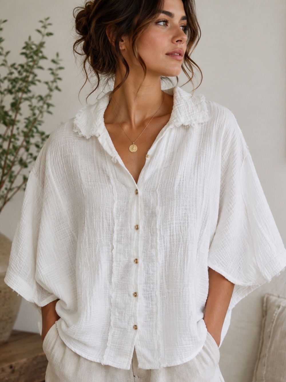 Ces Femme Ivory White Gauze Button-Down Shirt 100% cotton